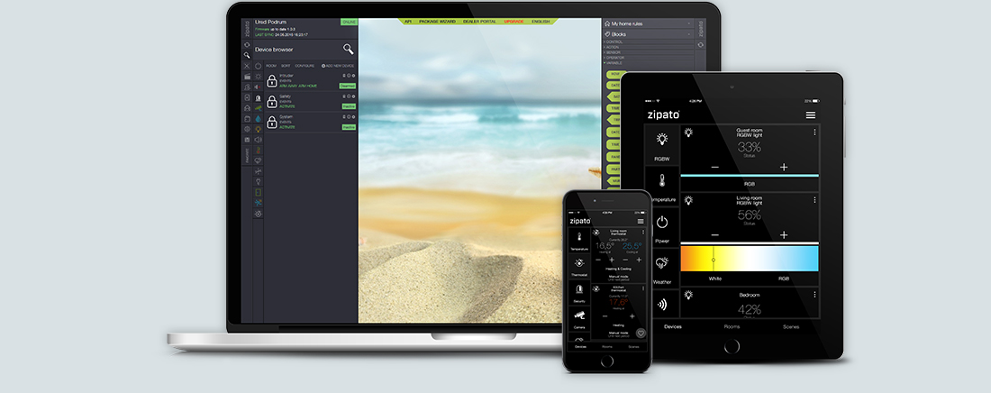 The Zipato app on a laptop, tablet and phone