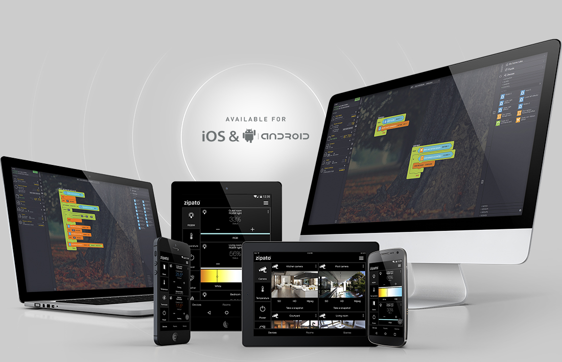 The Zipato app on computers, tablets and phones, available for iOS and Android
