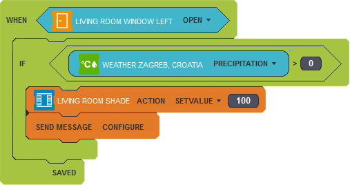 A rule built from blocks in the Zipato Rule Creator