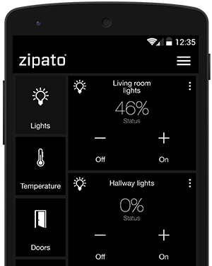 Zipato app dimming the living room and hallway lights