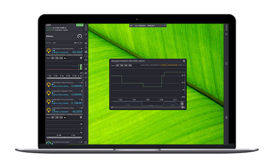 Energy consumption charts in the Zipato web app on a laptop